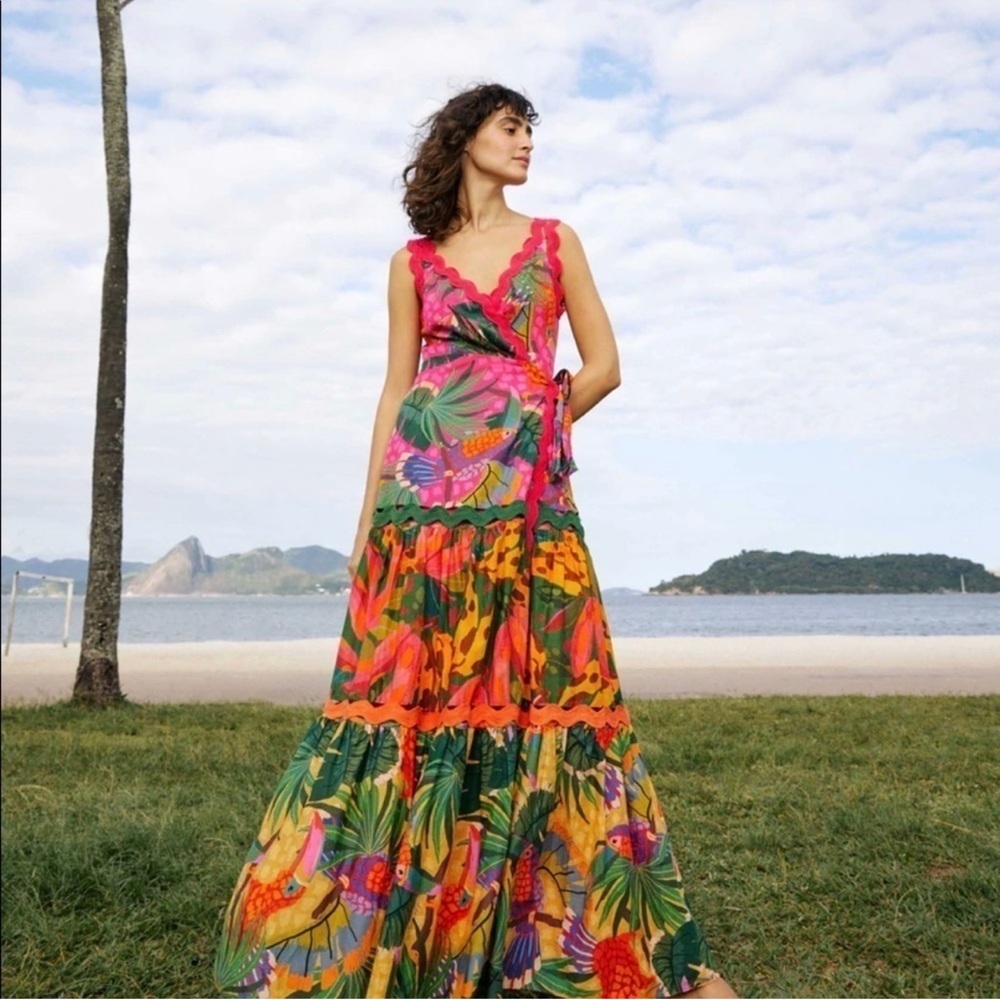 Farm Rio Painted Toucans Red Multi Maxi Sleeveless V Neck Tiered Dress- XS